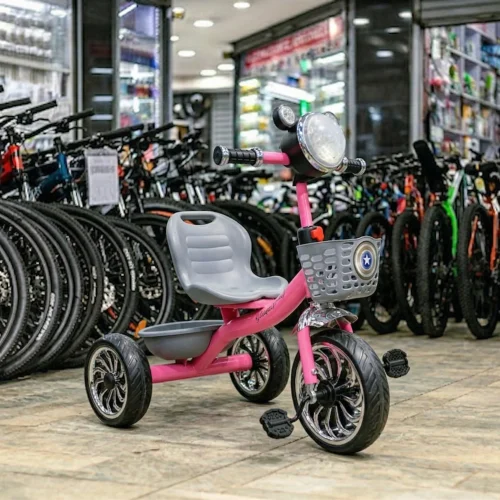 Happy Baby Kids Pink Tricycle with Basket and LED Front Light