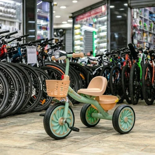 Cute & Comfy Kid Tricycle with Pastel Green Frame and Peach Accents